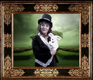 Magic valery holds a rabbit in his arms, a green labyrinth in the background